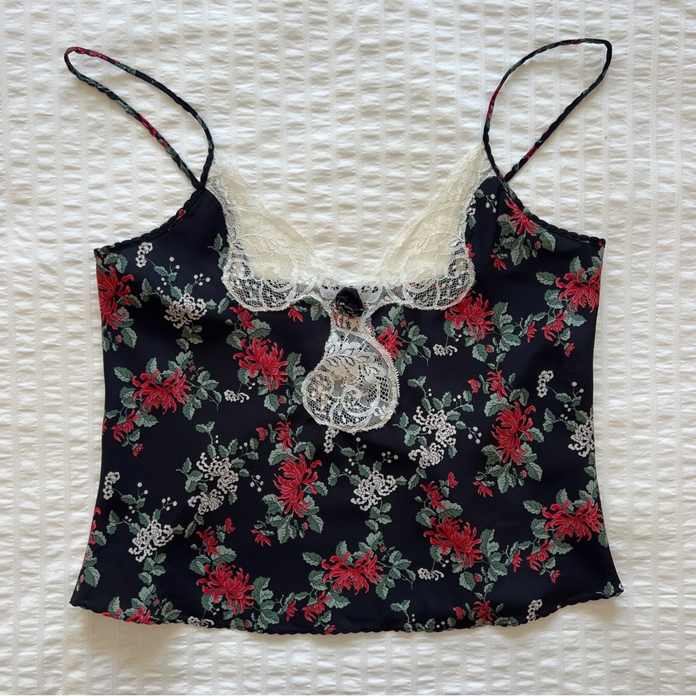 VTG 80s Papillon Blanc Black Floral Print Camisole, 36